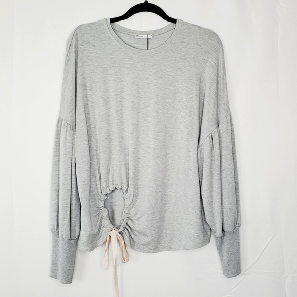 Zara Puff Sleeve Tie Front Sweatshirt Size L Lightweight Cutout Pullover NEW - Picture 1 of 11